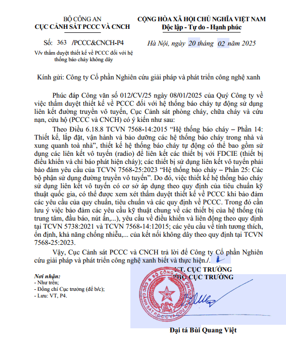 công văn trả lời về thẩm duyệt đối với hệ thống báo cháy không dây