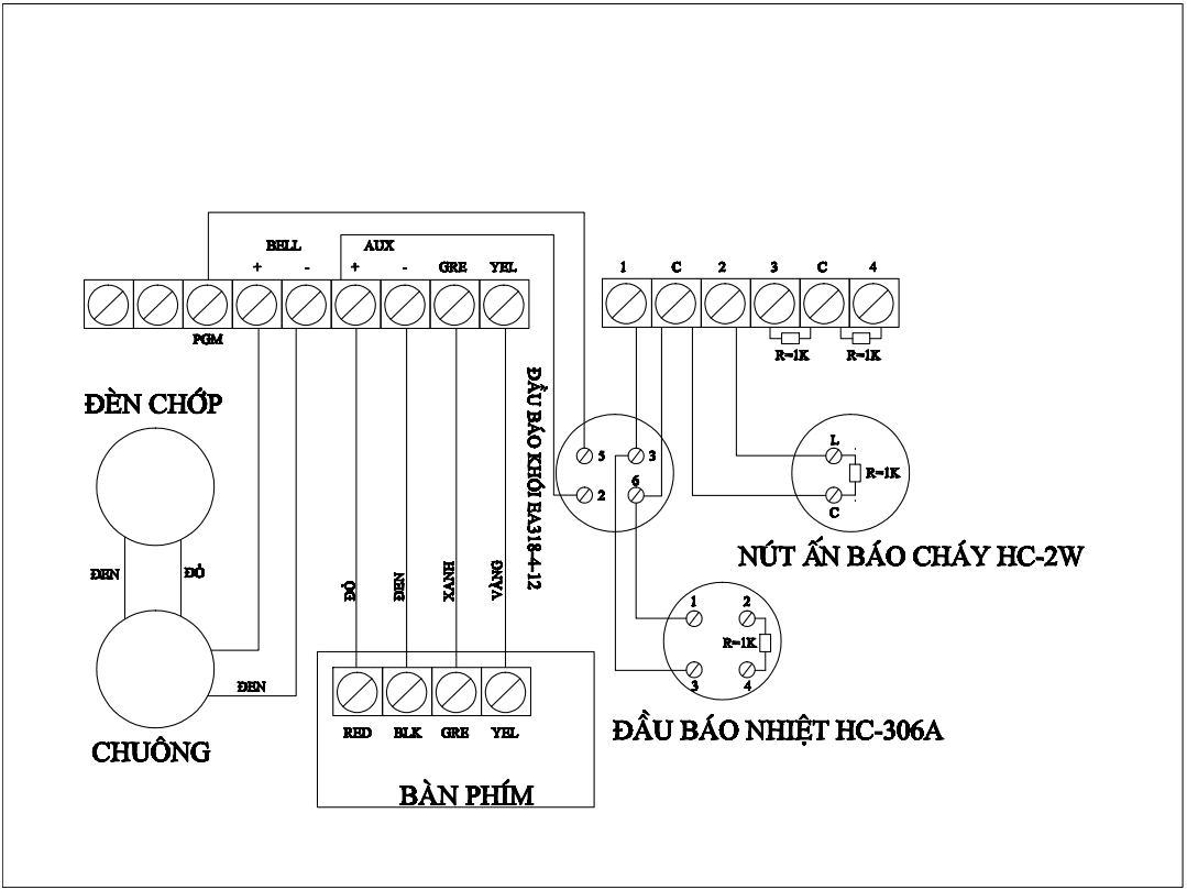 sơ đồ đấu dây chuông báo cháy và đèn chớp báo cháy