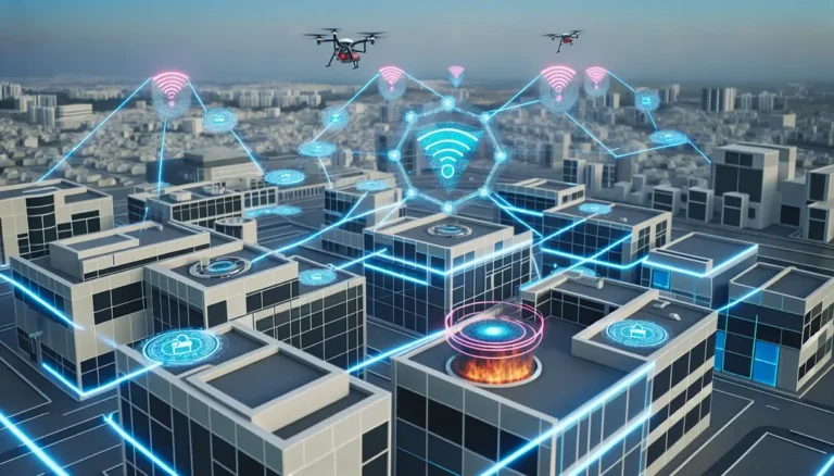 Cảnh quan thành phố thông minh với công nghệ PCCC bao gồm cảm biến, blockchain và drone hoạt động tích cực.