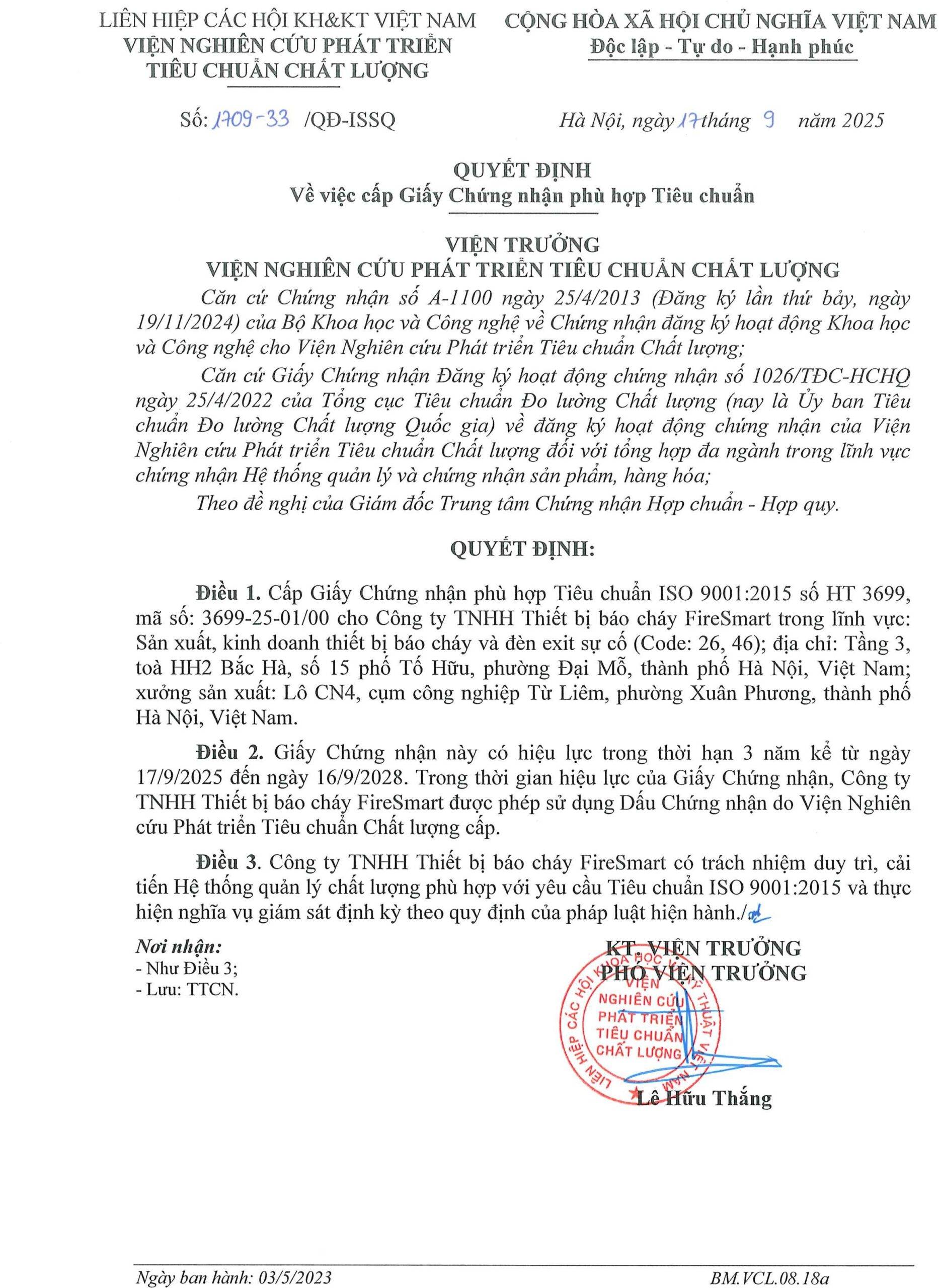 Văn bản quyết định về việc cấp Giấy Chứng nhận phù hợp Tiêu chuẩn 